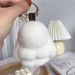 Plush Keychains 8cm Mini Real Mink Fur Cute Plush Bunny Rabbit Keychain Ladys Girls Bag Car Key Keyring Pompon Pendant Accessories 230922
