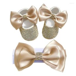 First Walkers Luxury Bow Girl Shoes Headband Suit Born Pography Baby Christening Soft Comfortable Infant Footwear