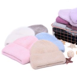 Beanie/Skull Caps Casual Women's Hat Real Rabbit Fur Beanie Ladies Autumn Winter Cashmere Hats Three Fold Thick Knitted Girls Skullies Beanies Cap 230921