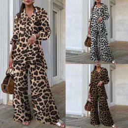 Women's Two Piece Pants Autumn Womens Clothing Fashion Casual Comfortable Loose Sexy Leopard Print Suit Long Sleeve Top Wide Leg Two-Piece