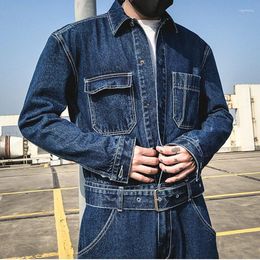 Men's Jeans Vintage Loose Cargo Wide-leg Japan Korea Blue Denim Pockets Belt High Street Overalls Wear