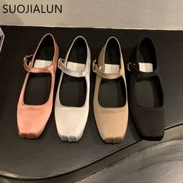 Spring Dress SUOJIALUN Women Fashion Silk Square Toe Shallow Ladies Ballet Soft Casual Flat Mary Jane Shoes