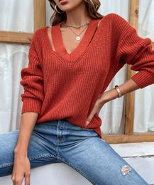 Women's Sweaters Y2K Clothing Sweater 2023 Autumn/winter Fashion Casual Solid V-Neck Pullover With Shoulder Drop Sexy Knit