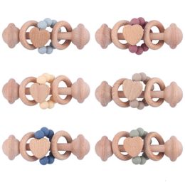 1Pcs Baby Wooden Rattle Toy Grasping Toy Beech Wooden Heart Shape Beads Silicone Beads Rattle Educational Accessories