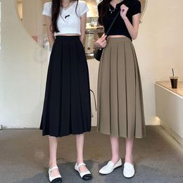 Skirts Spring Summer Pleated Midi For Women College Style Loose A Line Skirt Woman Solid Colour High Waist Long 2023