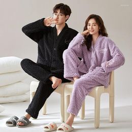 Men's Sleepwear Couples Winter Warm Pyjamas Set Japan Kimono Nightwear Men And Women Matching Flannel Pijamas Coral Fleece Pyjamas Freeship