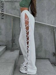 Women's Pants Capris Fantoye Knit Sexy Side Slit Women Sweatpants White High Waist Hollow Out Tie Trousers Female Summer Solid Loose Streetwear 2023 T230922