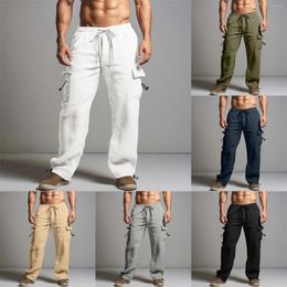 Men's Pants Tech Mens With Jogging Cotton And Linen Summer Beach Drawstring Elastic Waist Multiple Pockets Solid