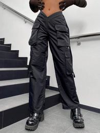 Men s Jeans 2023 Women Fashion Cargo Pants Street Vibes Tape Flap Pocket Side V Waist Solid Parachute Jogger Trousers Mujer 230922