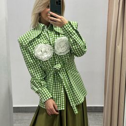 Womens Blouses Shirts Green Plaid Long Sleeve Women Fashion Floral Button Slim Bouse Elegant Turndown Collar Casual Tops Autumn Coats 230922