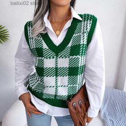 Women's Sweaters Plaid Sweater Vest Sleeveless Knitted Sweater Woman 2023 Autumn Fashion Causal Pullover Warm Soft Top Vintage Thick Jumper T230922