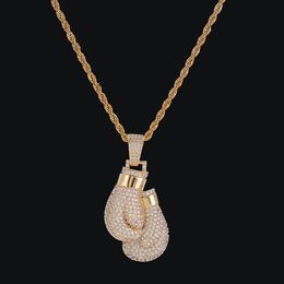 Men Bling Boxing Gloves Pendant Necklace With Rope Chain Silver Gold Colour Iced Out Cubic Zircon Hip hop Jewelry262Q