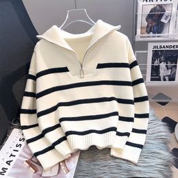 Women's Sweaters Casual Stripe Knitted Sweater 2023 Spring Autumn Fashion Vintage Half Zipper Pullover Short Tops Loose Chic 230922