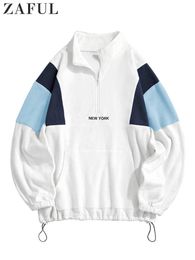 Mens Hoodies Sweatshirts Hoodie for Men Fluffy Polar Fleece York Embroidery Turtleneck Pullover Colour Block Zipper Sweats 230921