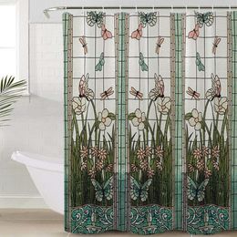 Shower Curtains Waterproof Shower Curtain Stained Glass Meadow Flower Dragonfly Polyester Fabric Bath Curtain Home el Bathroom Shower Curtain 230922