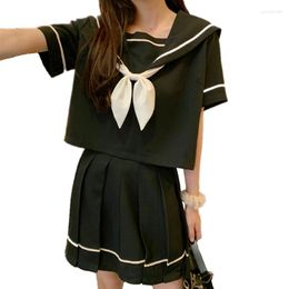 Work Dresses Summer JK Sweet Women Two Pieces Set Bow Tie Sailor Collar Short Blouse Mini Pleated Skirt Suit School Teenager Girls Tracksuit