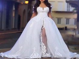 Elegant Wedding Dresses with Overskirt Off the Shoulder Long Sleeve Lace Bridal Gowns with Detachable Train8042555