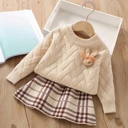 Spring Autumn Baby Girls Knitted Clothing Sets Kids Long Sleeve Knitted Sweaters+Plaid Skirts 2pcs Set Children Outfits Girl Suit 2-7 Years