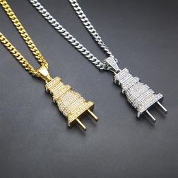 Iced Out Bling Men Micro Pave Full Rhinestone Plug Pendant Necklace Gold Silver Plated Charm Cuban Chain Hip Hop Jewelry2758