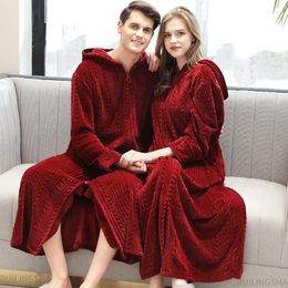 Women's Sleepwear Women Winter Hooded Plus Size Long Warm Flannel Bathrobe Coral Fleece Zipper Bath Robe Men Pregnant Home Dressing Gown