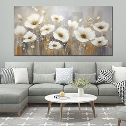 Large Impressionist Poppy Flowers on Canvas White Flowers Painting Print Poster Picture for Living Room Wall Decor