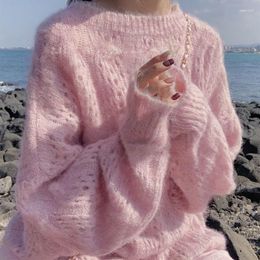 Women's Sweaters 2023 Ins Mohair Soft Thin Pink Hollow Pullover Sweater Spring Outer Wear Loose Lazy Style Sweet Knit Autumn