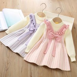 Cute Baby Girls Princess Dresses With Bowknot Kids Long Sleeve Dress Children Knitted Dress Child Skirts 2-7 Years