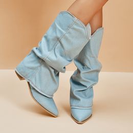 Boots Pleated Chunky Heels Cowboy Women 2023 Autumn Blue Knee High Denim Woman Plus Size 42 Pointed Toe Western Long 230921