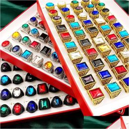 Band Rings Stone 30Pcs Crystal Glass Retro Bohemia Style Big Size Mixed Golden Siery Black Metal Acrylic Men And Women Jewellery Party D Dh8Wk