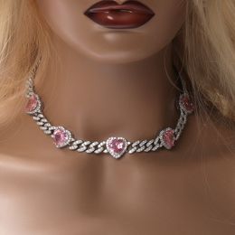 9mm Miami Cuban Chain With Pink Heart Gems Iced Out Cubic Zirconia Link Chain Necklace Charm Hiphop Jewellery