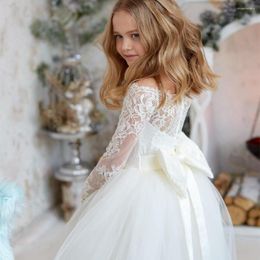 Girl Dresses Full Sleeves Flower Dress Bohemian Tulle Ivory White Lace Bow Girls First Communion Gown Junior Bridesmaid