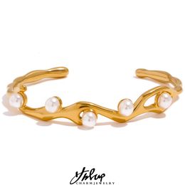 Bangle Yhpup Elegant Imitation Pearls Gold Color Stainless Steel Twist Cuff Bracelet Bangle Waterproof Charm Jewelry for Women Gift 230923