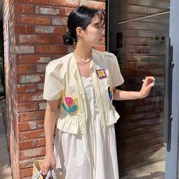 Women's Blouses Mingxian Design Shirt Coats Korean Chic Summer Bubble Sleeve Top Sense Handmade 3D Knitted Embroidered Casual Sweet