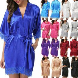 Women's Sleepwear Sleeve Satin Robe Mini Lace Nightgown Bathrobe Halt Women Night Dress Pyjamas Gown Lingerie Sexy Sale