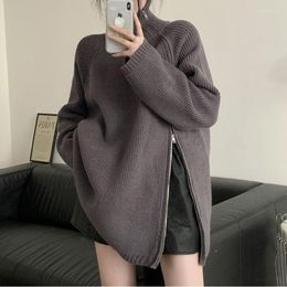 Women's Sweaters Korean Style Pullover Sweater For Women Fashion High Neck Side Zipper Knit Loose Knitted Tops Lazy Versatile Casual Jumper