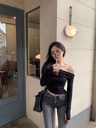 Women's T Shirts Short One-line Shoulder Off-shoulder Early Autumn Long-sleeved Pleated T-shirt With A Base Shirt Top Black Korean Knit