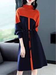 Autumn Winter Slim Lace Up Sweaters Dresses Luxury Designer Office Lady Soft Warm Contrast Color Midi Frocks 2023 Long Sleeve Women O-Neck Vacation Sweaters Dresses