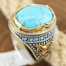Bohemian Large Oval Natural Stone Rings For Women Men Vintage Dual Color Blue Beads Turquoises Finger Rings Party jewellery358U