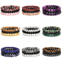 Beaded Strands 3Pcs set Natural Stone Bracelets For Women Men Fashion 8MM Beads Bracelet Sets Rose Quartzs Amethysts Sodalite Hem277O