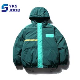 Men's Down Parkas Contrast Panel Hooded Cotton Coats Casual Vintage Drawstring Patch Windpoof Warm Jacket Fashion Oversize Winter Jackets 230922