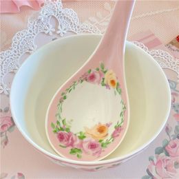 Other Bakeware Home Kitchen Utensils Retro Ceramic Rice Spoon Bow Rose Printing Long Handle Big Restaurant Exquisite Soup Small 230922