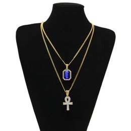 Egyptian Ankh Key of Life Bling Rhinestone Cross Pendant With Red Ruby Pendant Necklace Set Bling Bling Men Fashion Hip Hop Jewelr251q