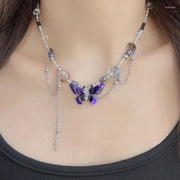 Pendant Necklaces Fashion Purple Butterfly Necklace Women's Irregular Beaded Double Layer Collar Chain Personalised Neckchain