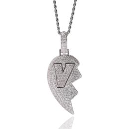 Iced Out Broken Heart Pendant Necklace Mens Womens Fashion Hip Hop V Letter Gold Necklaces Jewelry303L