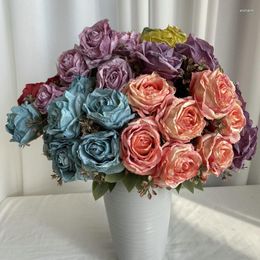 Decorative Flowers Silk Burnt Edge Pink Roses Bouquet Artificial Wedding Decoration Simulation Rose Fake Flower Plant Valentine's Day Gift