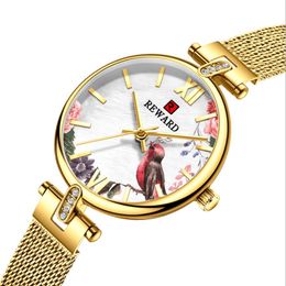 Elegant Charming REWARD Quartz Ladies Watch Glaring Watches Flowers and Birds Dial Womens INS Style Mineral Glass Glossy Mesh Stra240w