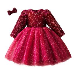 Girl's Dresses Sequin Autumn Girls Princess Party Dresses for 3-8 Yrs Long Sleeve Winter Xmas Children Casual Clothing Birthday Wedding Gown 230923