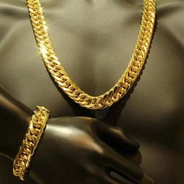 Mens Thick Tight Link 24k Yellow Gold Filled Finish Miami Cuban Link Chain and Bracelet Set 1 0cm wide 24 inches 9 inches348n