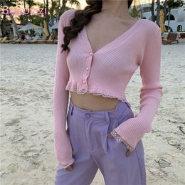 Women's Knits Tees Pink Black Green Black Women Cardigans Fashion Slim Ladies Knitted Sweater Crop Top Long Sleeve Buttons Sweater 230922