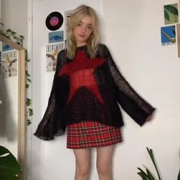 Women's Sweaters Xingqing Sweater Pentagram Pattern Long Sleeve Tops y2k Aesthetic Grunge Fairycore Hollow Out Crochet Clothes 2000s Knitwear 230922